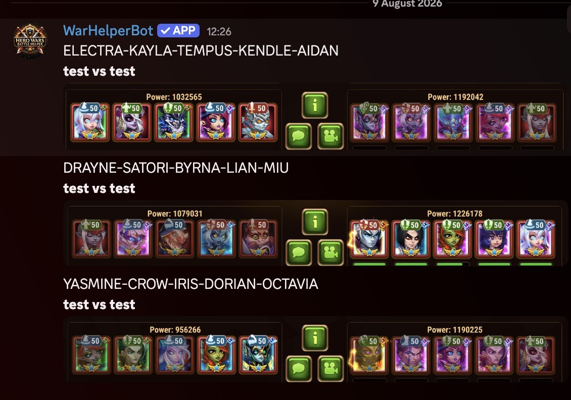 WarHelperBot message showing battle lines processed successfully with hero lineups and power levels