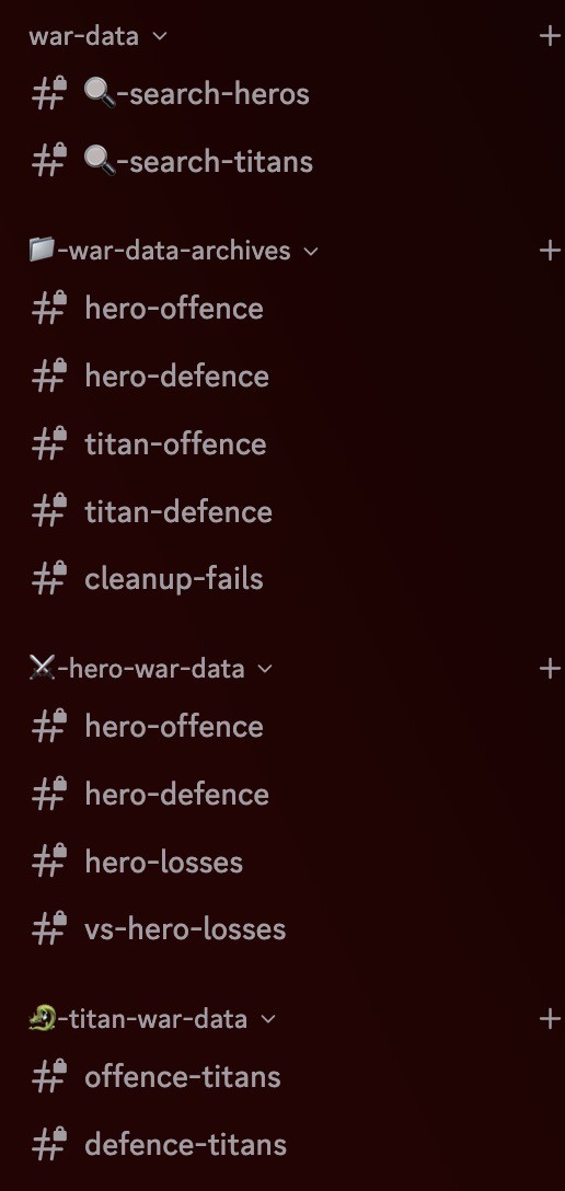 Discord channel list showing the categories and channels created by /setupchannels: war-data, war-data-archives, hero-war-data, and titan-war-data