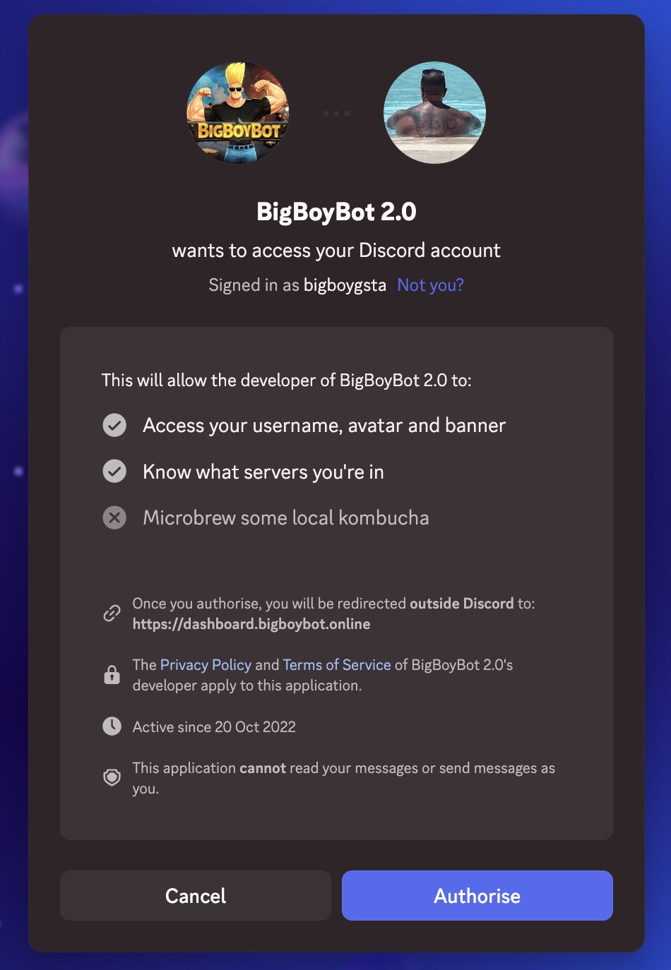Discord authorization prompt for BigBoyBot 2.0