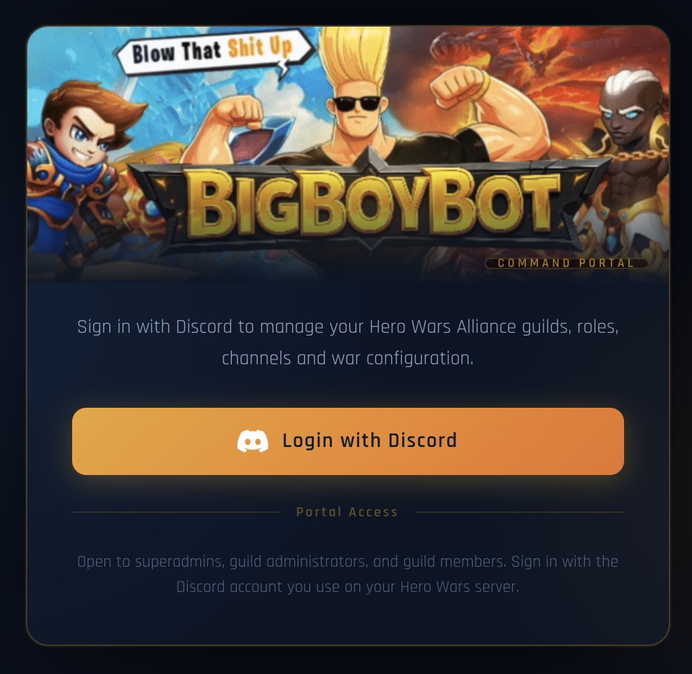 BigBoyBot Guild Portal login screen with Login with Discord button