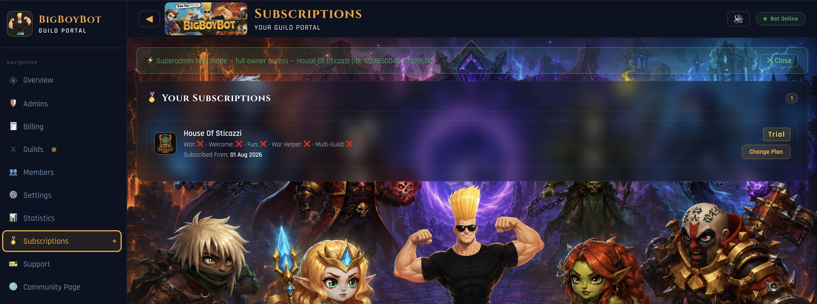Subscriptions tab showing a guild's current plan and a Change Plan button