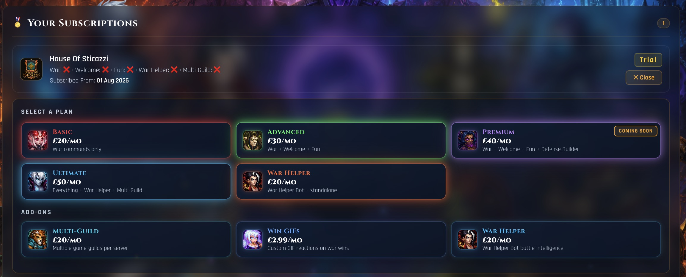 Tier and add-on picker after clicking Change Plan