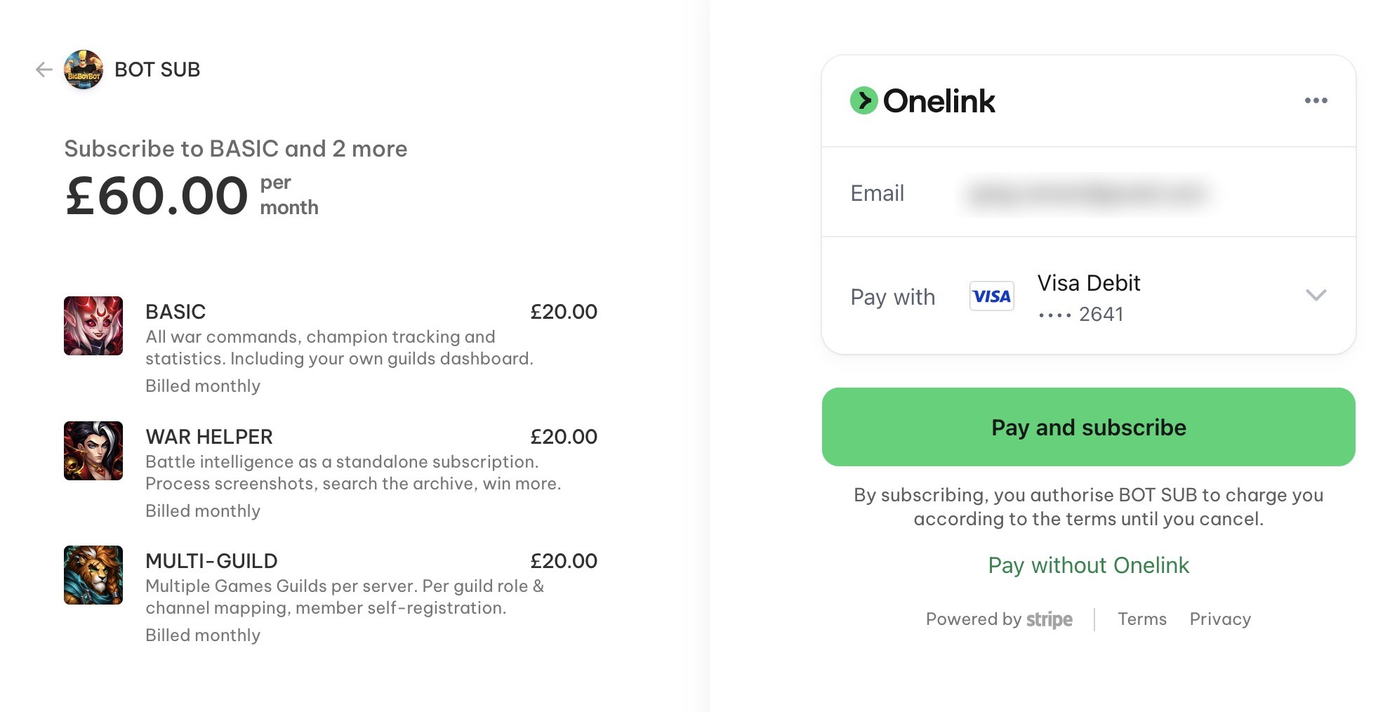 Stripe checkout page to pay and subscribe