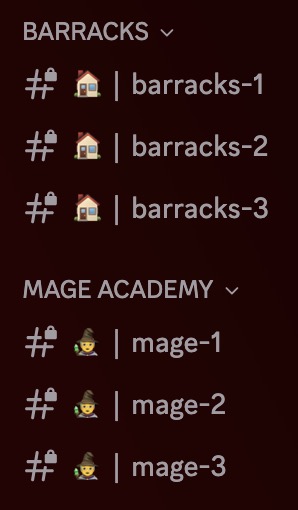 Barracks and Mage Academy category channels created by Auto-Setup