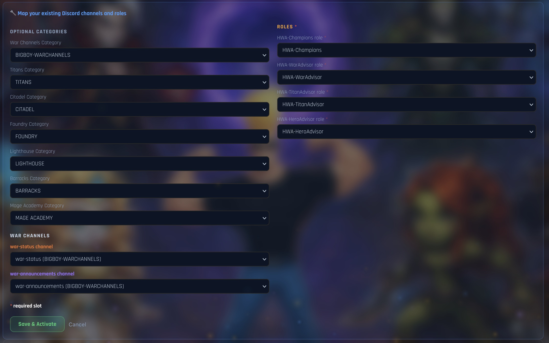 Manual mapping form for existing Discord channels and roles