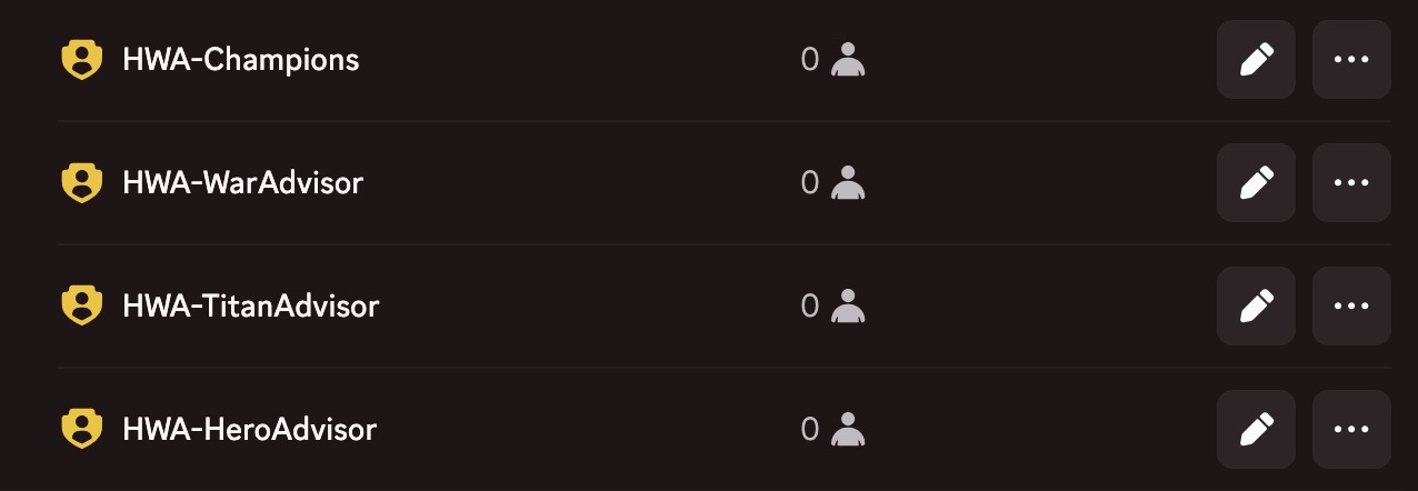 HWA-Champions, HWA-WarAdvisor, HWA-TitanAdvisor, HWA-HeroAdvisor roles created by Auto-Setup