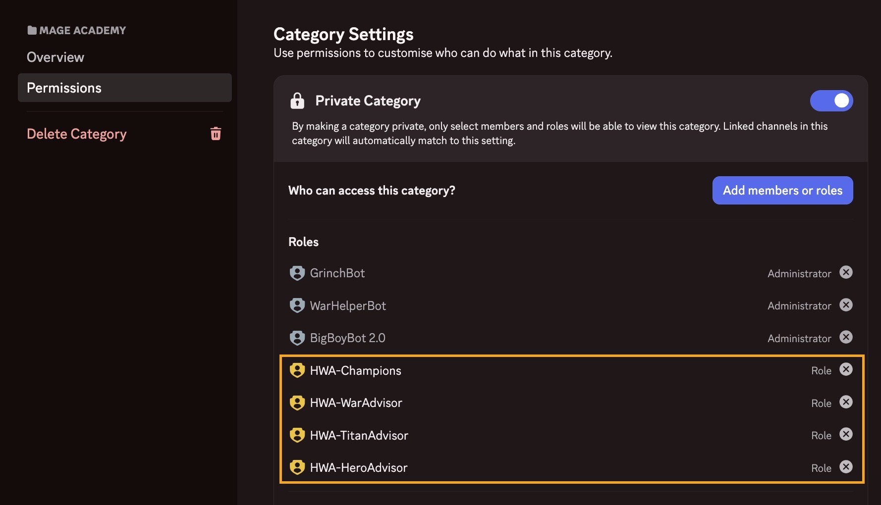 Category permissions with the HWA roles highlighted