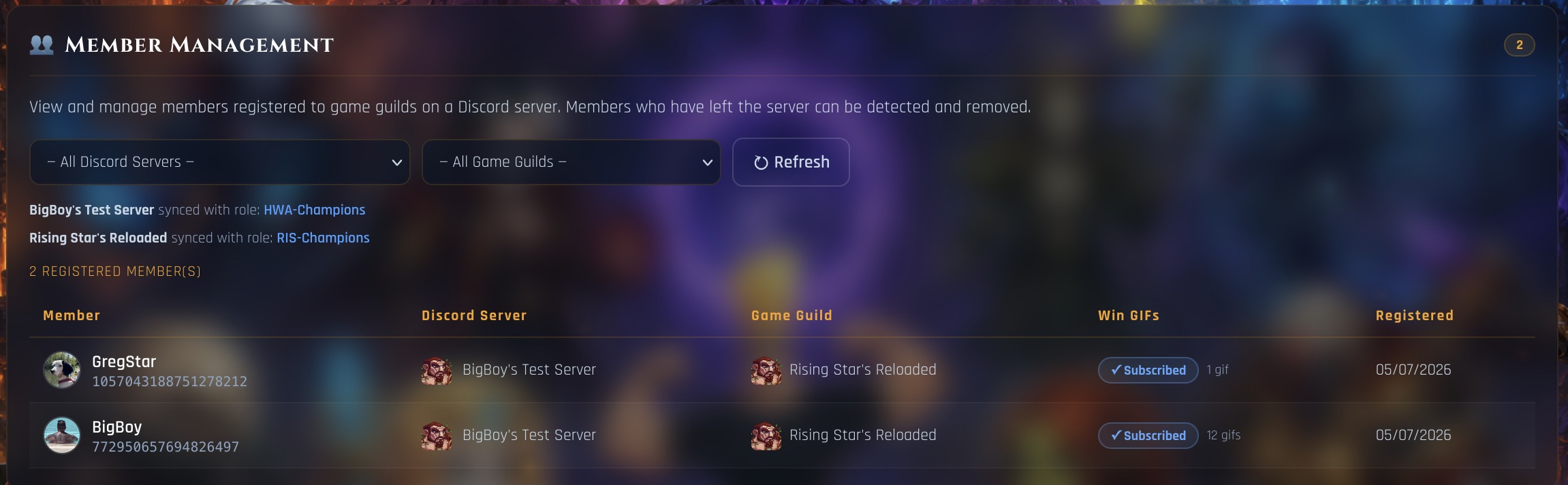 Member Management tab showing members synced to their game guild's Champions role