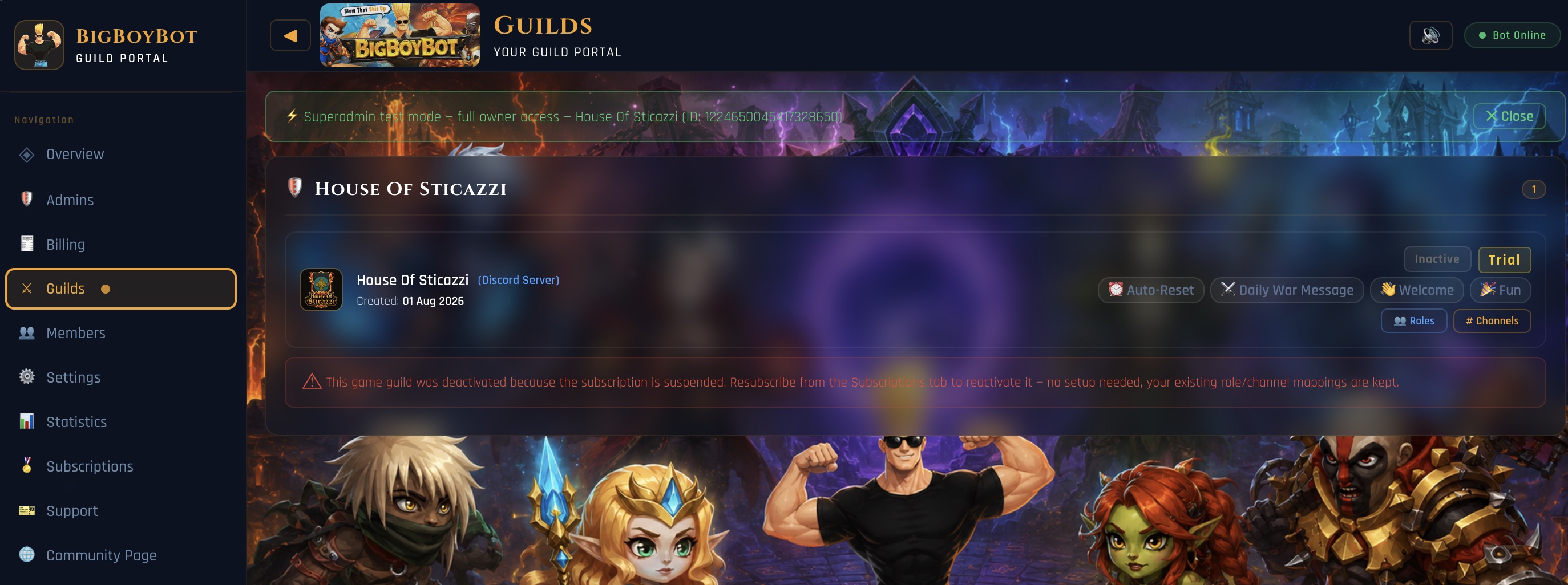 Guilds tab showing a deactivated game guild with a message to resubscribe from the Subscriptions tab
